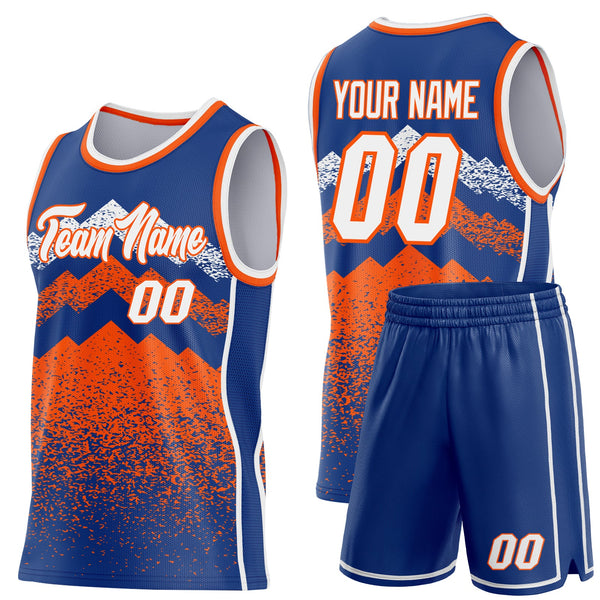 Custom Royal White-Orange Mountain Peak Shards Side Panel Stripe Round Neck Sublimation Basketball Set Jersey alternate