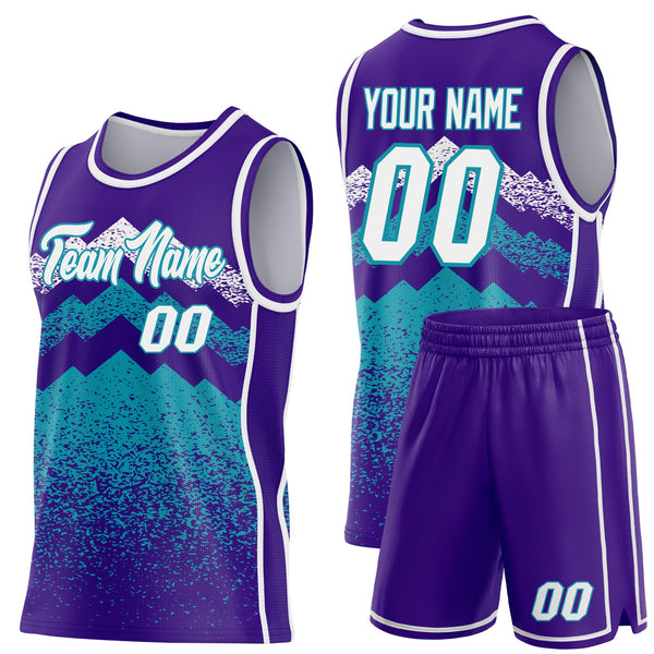 Custom Purple White-Teal Mountain Peak Shards Side Panel Stripe Round Neck Sublimation Basketball Set Jersey alternate