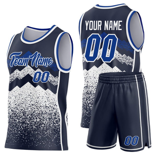 Custom Navy Royal-White Mountain Peak Shards Side Panel Stripe Round Neck Sublimation Basketball Set Jersey alternate