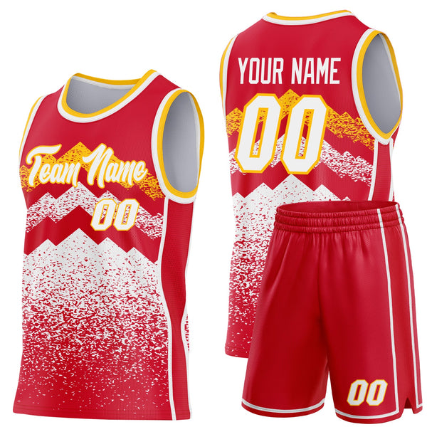 Custom Red White-Gold Mountain Peak Shards Side Panel Stripe Round Neck Sublimation Basketball Set Jersey alternate