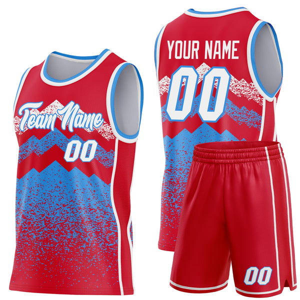 Custom Red White-Powder Blue Mountain Peak Shards Side Panel Stripe Round Neck Sublimation Basketball Set Jersey alternate