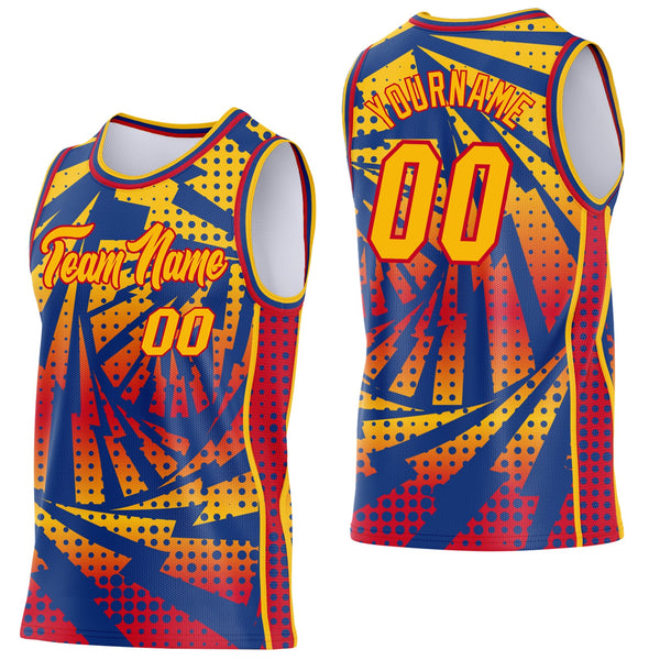 Custom Gold Royal-Red Lightning Gradient Dot Side Panel Stripe Round Neck Sublimation Basketball Set Jersey