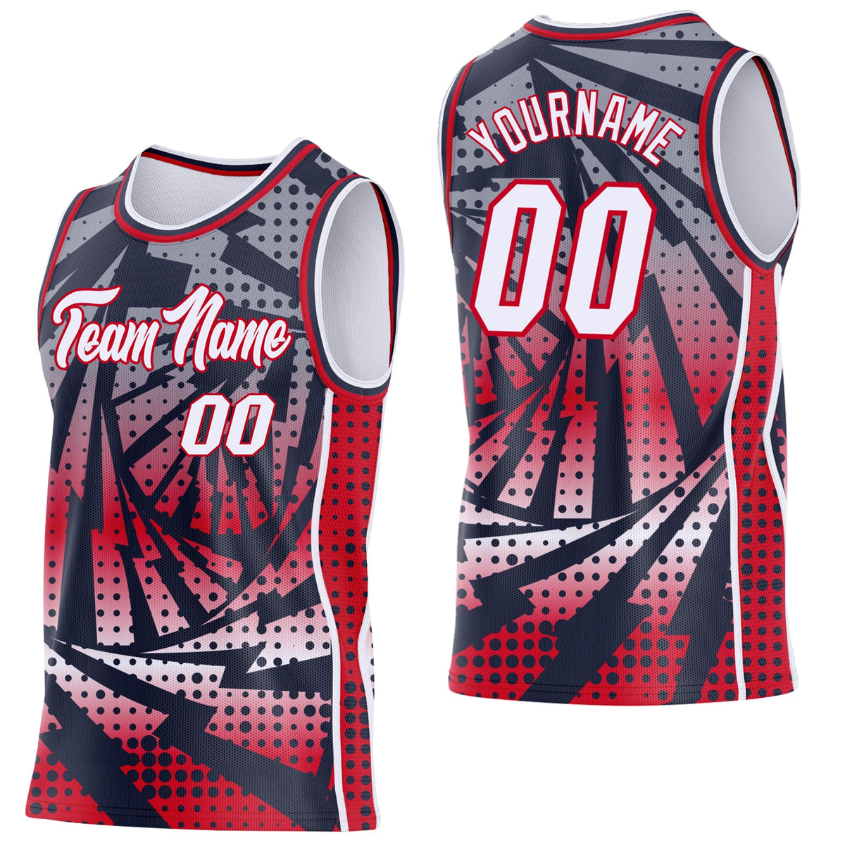 Custom Navy White-Red Lightning Gradient Dot Side Panel Stripe Round Neck Sublimation Basketball Set Jersey