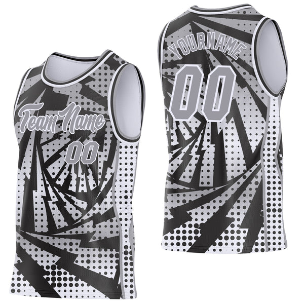 Custom Gray Black-White Lightning Gradient Dot Side Panel Stripe Round Neck Sublimation Basketball Set Jersey