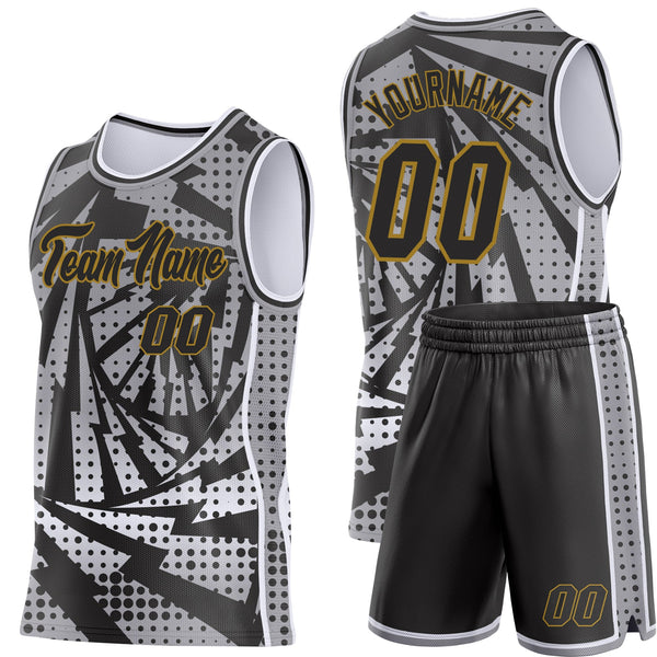 Custom Gray Black White-Old Gold Lightning Gradient Dot Side Panel Stripe Round Neck Sublimation Basketball Set Jersey alternate