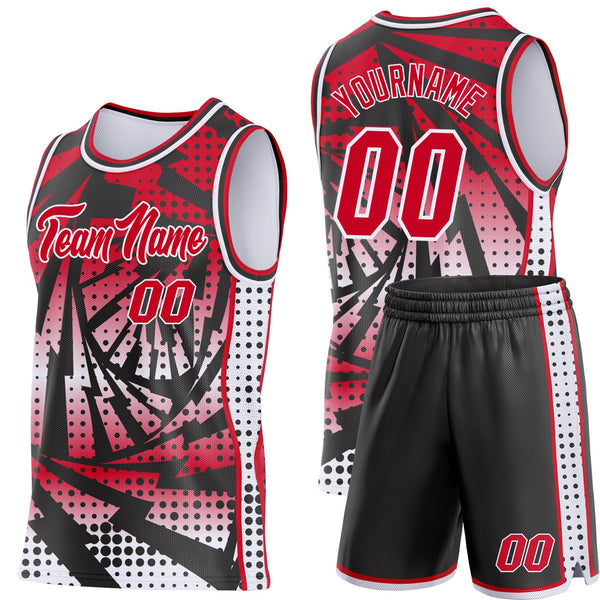 Custom Red Black-White Lightning Gradient Dot Side Panel Stripe Round Neck Sublimation Basketball Set Jersey alternate