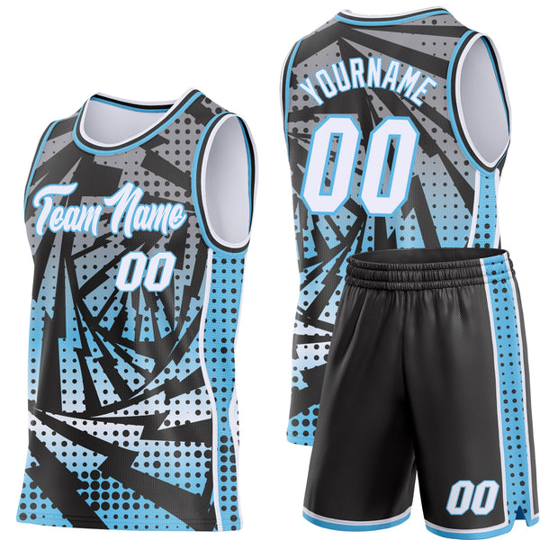 Custom Sky Blue White-Black Lightning Gradient Dot Side Panel Stripe Round Neck Sublimation Basketball Set Jersey alternate