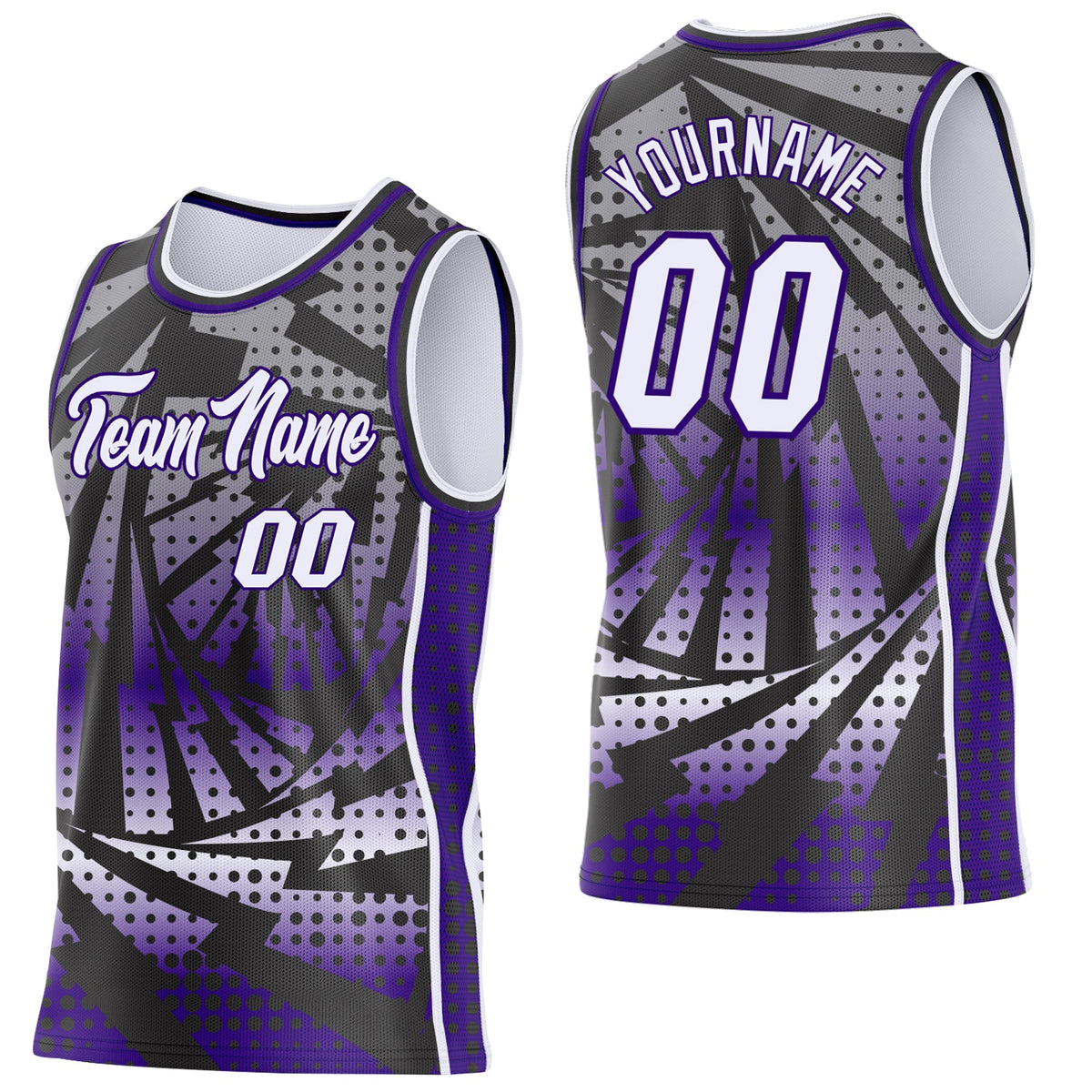 Custom Purple White-Black Lightning Gradient Dot Side Panel Stripe Round Neck Sublimation Basketball Set Jersey