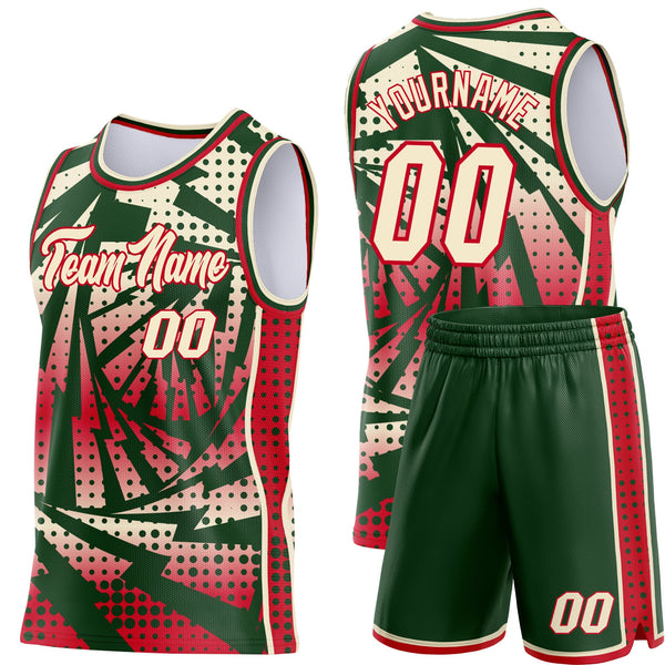 Custom Green Cream-Red Lightning Gradient Dot Side Panel Stripe Round Neck Sublimation Basketball Set Jersey alternate