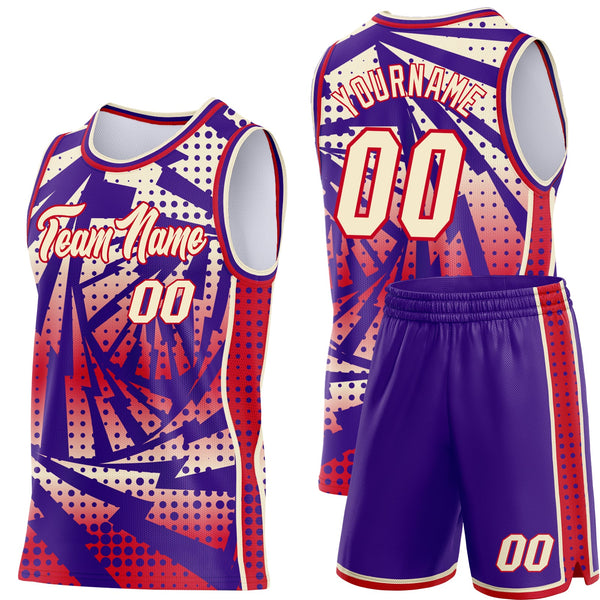 Custom Purple Cream-Red Lightning Gradient Dot Side Panel Stripe Round Neck Sublimation Basketball Set Jersey alternate