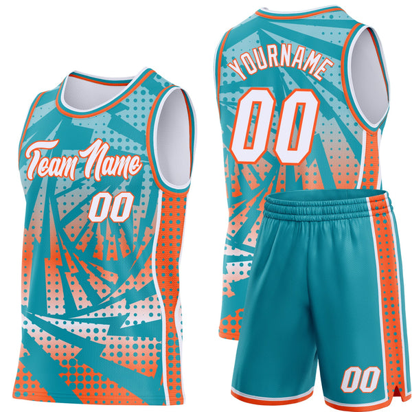 Custom Teal White-Orange Lightning Gradient Dot Side Panel Stripe Round Neck Sublimation Basketball Set Jersey alternate