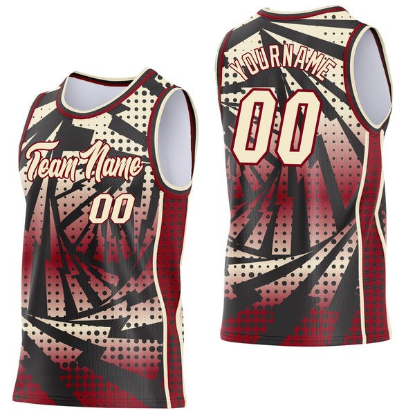 Custom Maroon Cream-Black Lightning Gradient Dot Side Panel Stripe Round Neck Sublimation Basketball Set Jersey