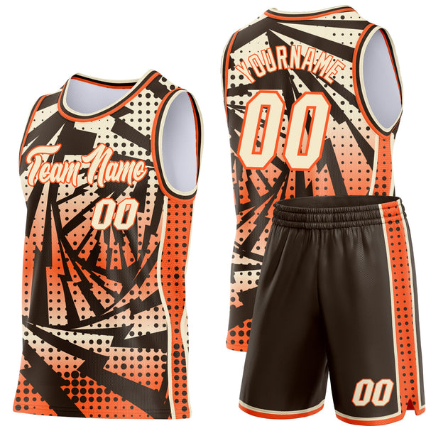 Custom Orange Cream-Brown Lightning Gradient Dot Side Panel Stripe Round Neck Sublimation Basketball Set Jersey alternate