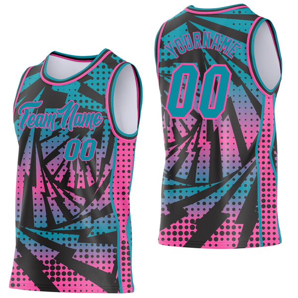 Custom Teal Black-Pink Lightning Gradient Dot Side Panel Stripe Round Neck Sublimation Basketball Set Jersey