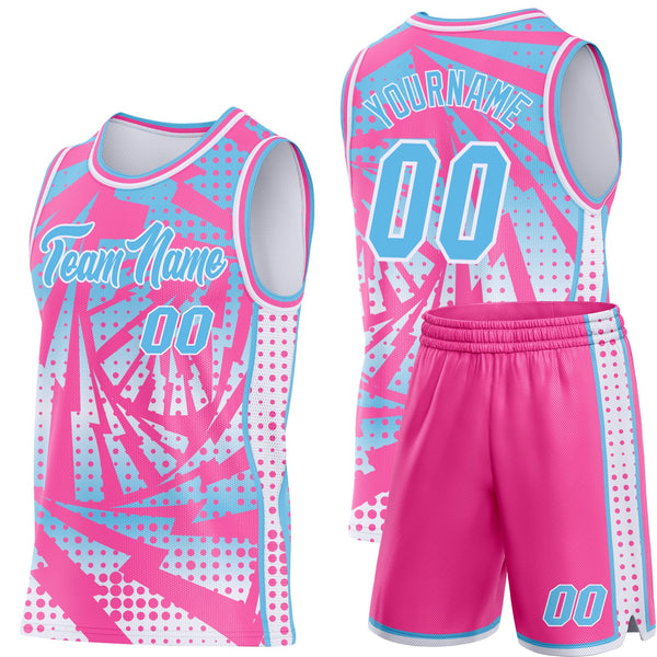 Custom Pink Sky Blue-White Lightning Gradient Dot Side Panel Stripe Round Neck Sublimation Basketball Set Jersey alternate