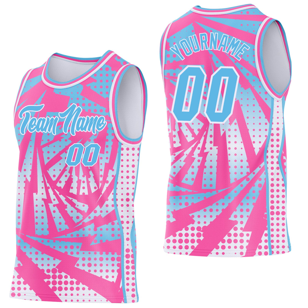 Custom Pink Sky Blue-White Lightning Gradient Dot Side Panel Stripe Round Neck Sublimation Basketball Set Jersey