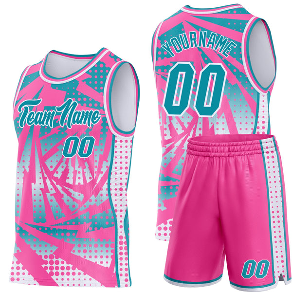 Custom Pink Teal-White Lightning Gradient Dot Side Panel Stripe Round Neck Sublimation Basketball Set Jersey alternate