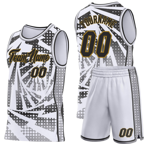 Custom White Black Gray-Old Gold Lightning Gradient Dot Side Panel Stripe Round Neck Sublimation Basketball Set Jersey alternate