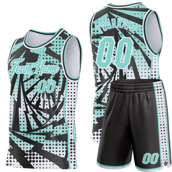 Custom Ice Blue Black-White Lightning Gradient Dot Side Panel Stripe Round Neck Sublimation Basketball Set Jersey alternate