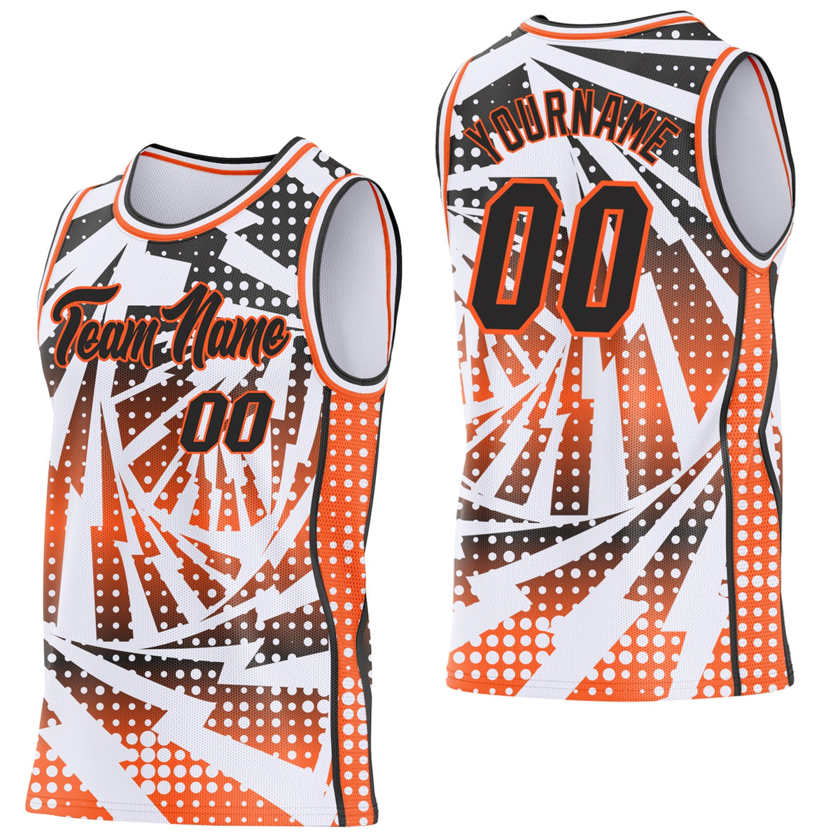 Custom White Black-Orange Lightning Gradient Dot Side Panel Stripe Round Neck Sublimation Basketball Set Jersey
