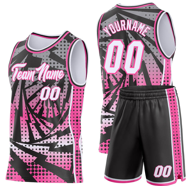 Custom Black White-Pink Lightning Gradient Dot Side Panel Stripe Round Neck Sublimation Basketball Set Jersey alternate