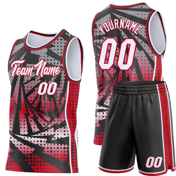 Custom Black White-Red Lightning Gradient Dot Side Panel Stripe Round Neck Sublimation Basketball Set Jersey alternate