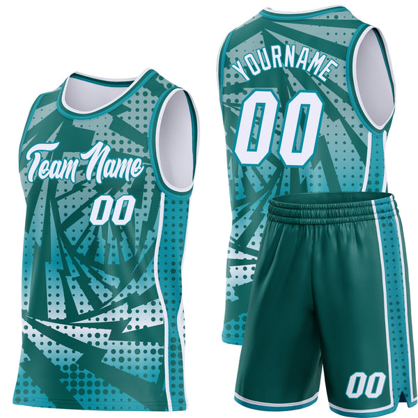 Custom Teal White-Midnight Green Lightning Gradient Dot Side Panel Stripe Round Neck Sublimation Basketball Set Jersey alternate