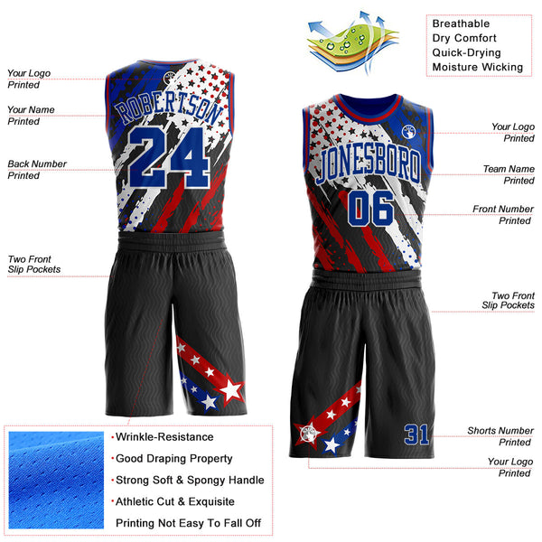 Custom Black Royal White-Red American Flag Patriotic Round Neck Sublimation Basketball Uniform Jersey alternate