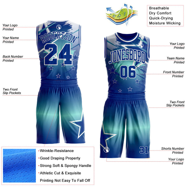 Custom Blue Royal-White Star Grunge Brush Stroke Gradient Round Neck Sublimation Basketball Uniform Jersey alternate
