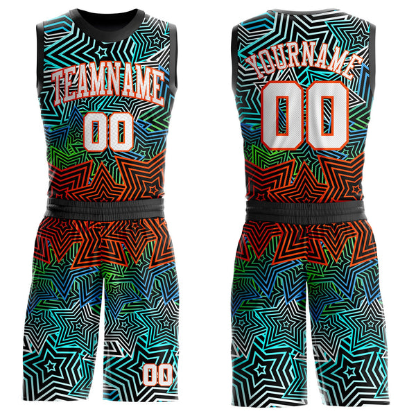 Custom Black White Blue Green-Orange Geometric Starburst Gradient Round Neck Sublimation Basketball Uniform Jersey
