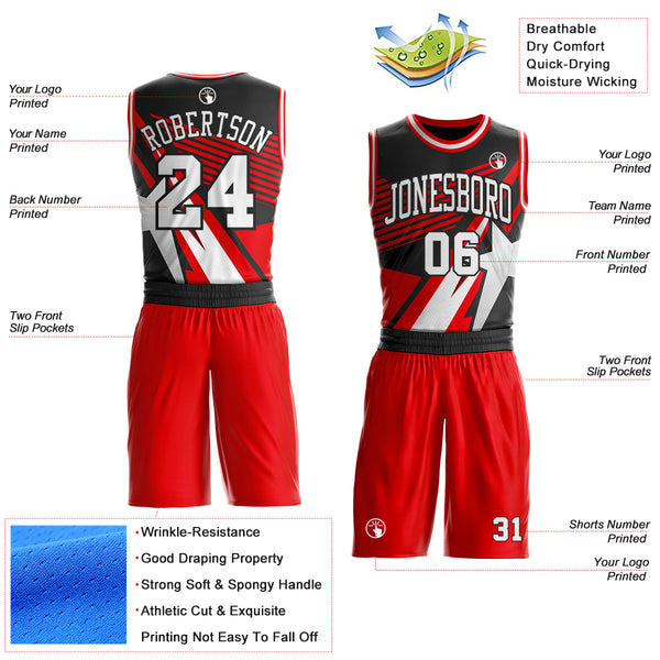 Custom Fire Red White-Black Geometric Star Color Block Round Neck Sublimation Basketball Uniform Jersey alternate