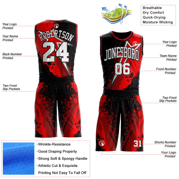 Custom Black White-Red Splatter Star Round Neck Sublimation Basketball Uniform Jersey alternate