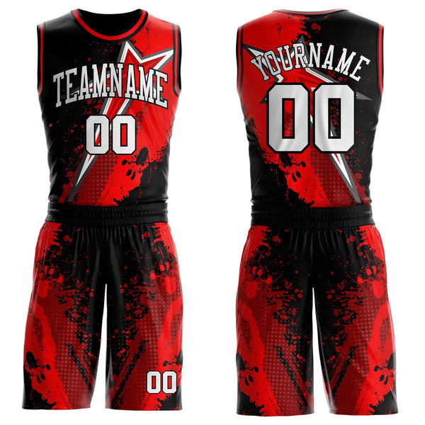 Custom Black White-Red Splatter Star Round Neck Sublimation Basketball Uniform Jersey
