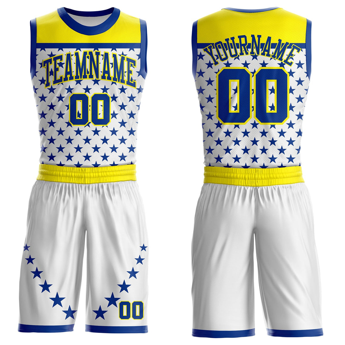 Custom White Royal Yellow-Light Yellow Geometric Star Texture Round Neck Sublimation Basketball Uniform Jersey