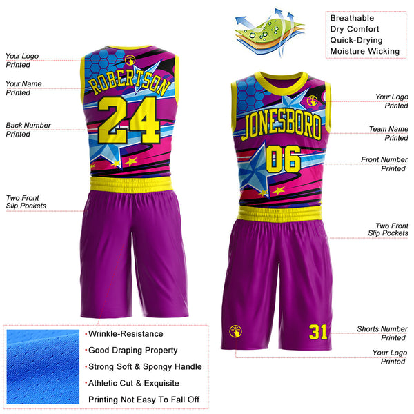 Custom Purple Yellow-Black Neon Star Color Block Round Neck Sublimation Basketball Uniform Jersey alternate
