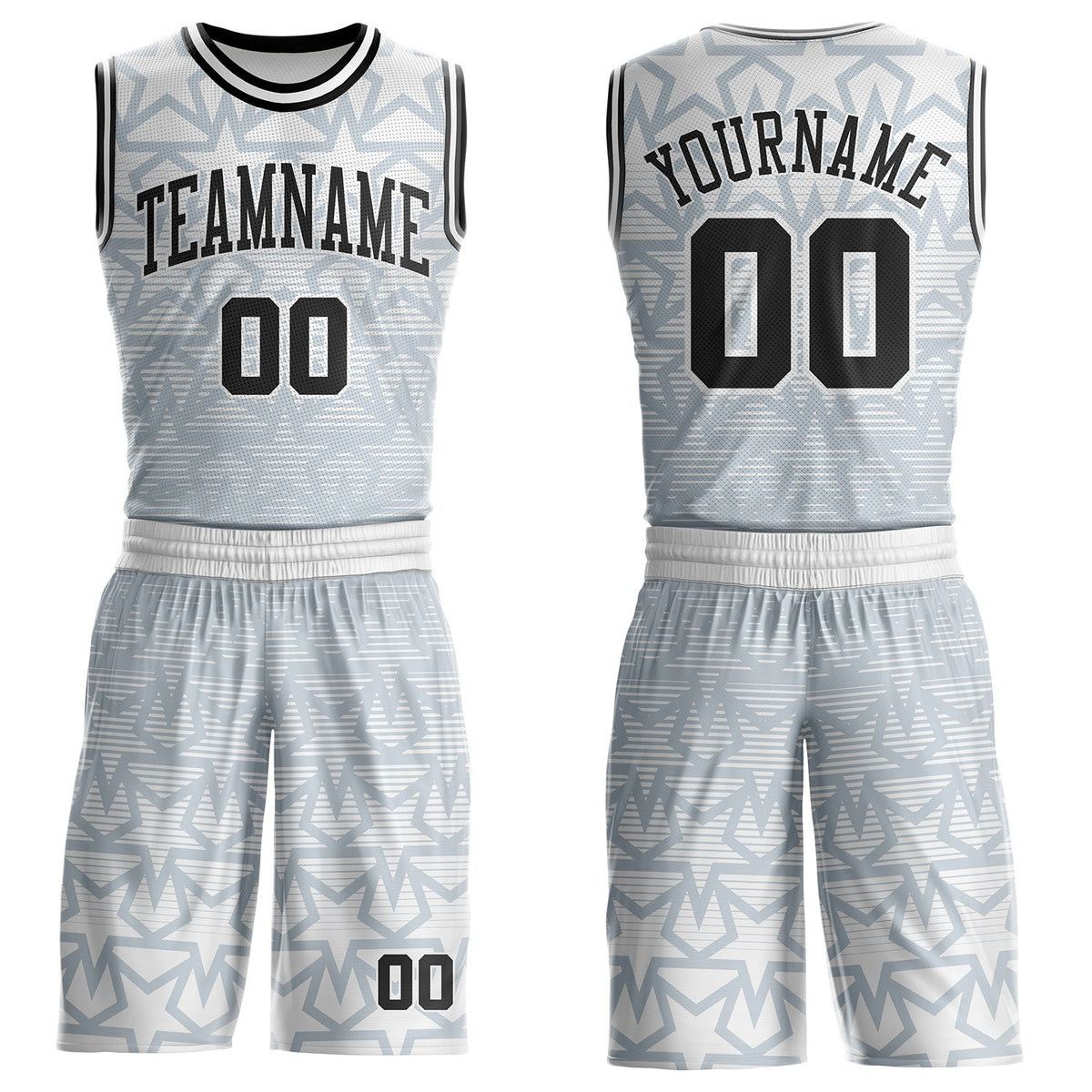 Custom White Black-Silver Geometric Star Gradient Round Neck Sublimation Basketball Uniform Jersey