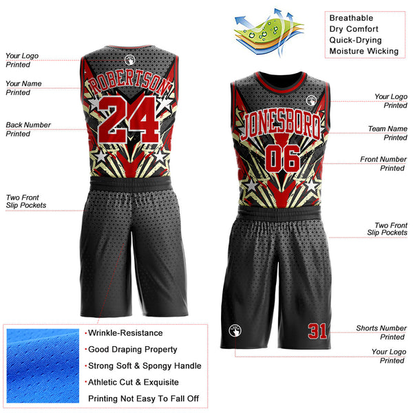 Custom Black Red Yellow-White Geometric Hexagon Starburst Round Neck Sublimation Basketball Uniform Jersey alternate