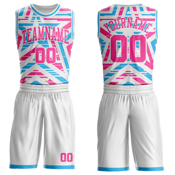 Custom White Pink-Sky Blue Geometric Stripe Star Color Block Round Neck Sublimation Basketball Uniform Jersey