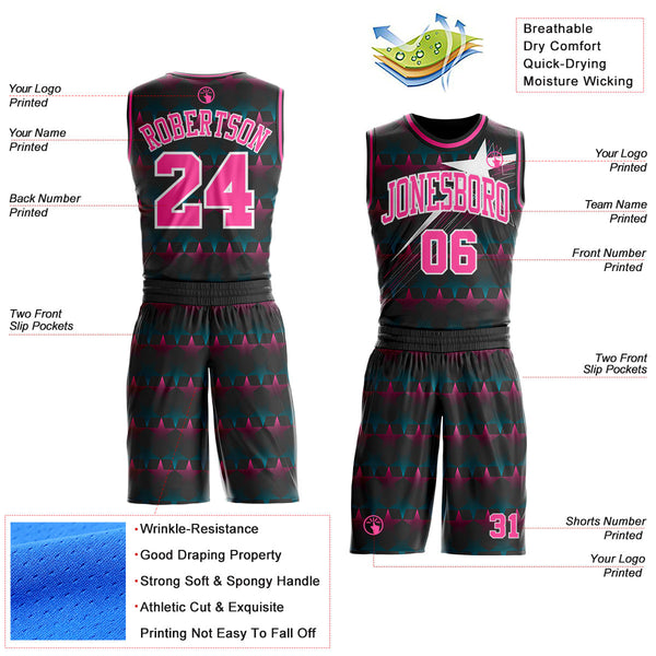 Custom Black Pink-White Gradient Star Round Neck Sublimation Basketball Uniform Jersey alternate