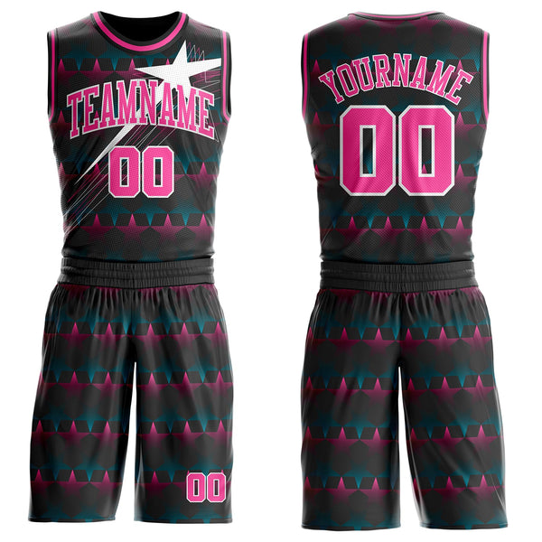 Custom Black Pink-White Gradient Star Round Neck Sublimation Basketball Uniform Jersey