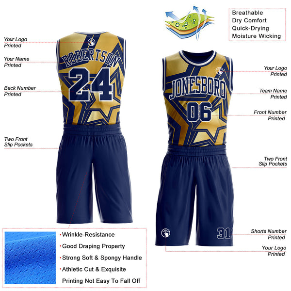 Custom Navy Old Gold-White Geometric Star Texture Round Neck Sublimation Basketball Uniform Jersey alternate