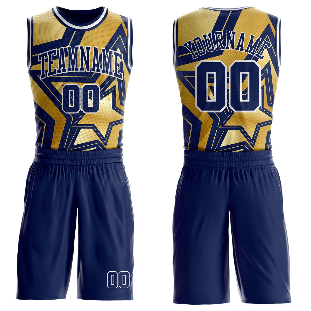 Custom Navy Old Gold-White Geometric Star Texture Round Neck Sublimation Basketball Uniform Jersey
