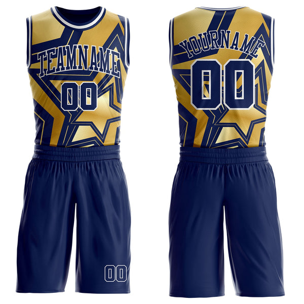 Custom Navy Old Gold-White Geometric Star Texture Round Neck Sublimation Basketball Uniform Jersey