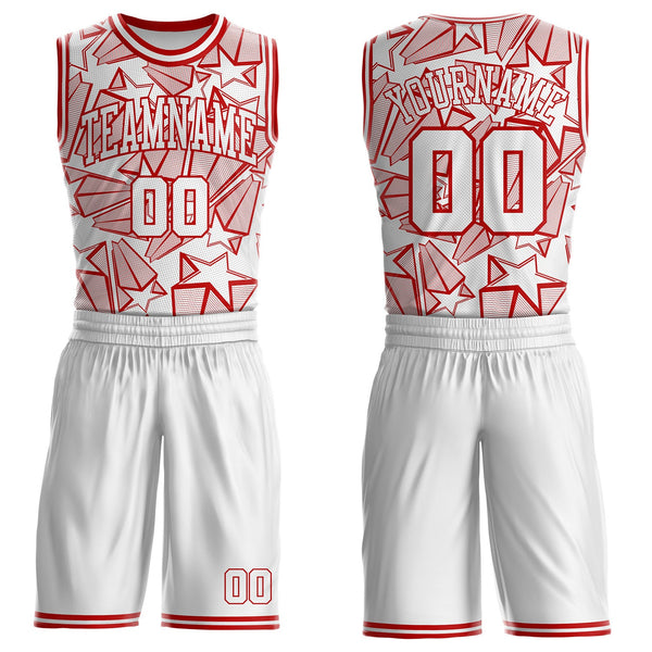 Custom White-Red Geometric Star Texture Round Neck Sublimation Basketball Uniform Jersey