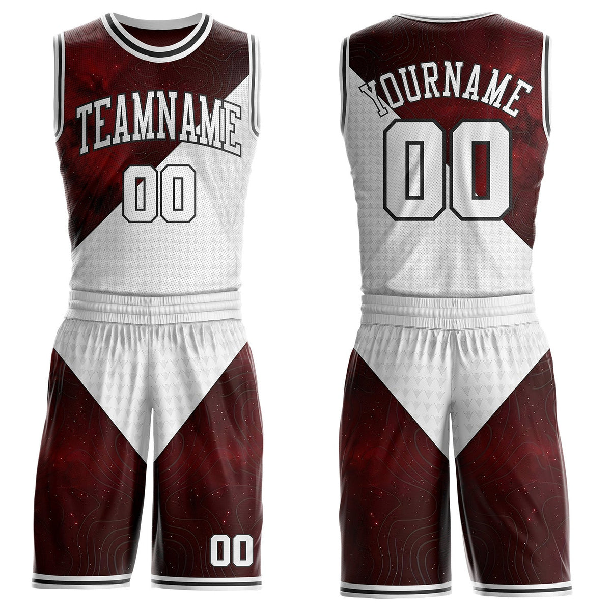 Custom White Red-Black Nebula Starry Galaxy Space Geometric Round Neck Sublimation Basketball Uniform Jersey