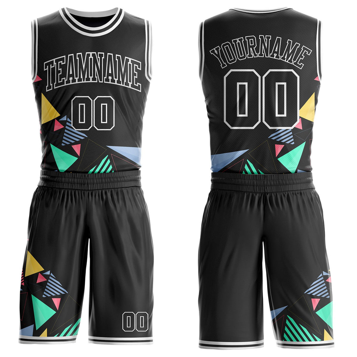 Custom Black Green Blue Pink Yellow-White Geometric Triangle Round Neck Sublimation Basketball Uniform Jersey