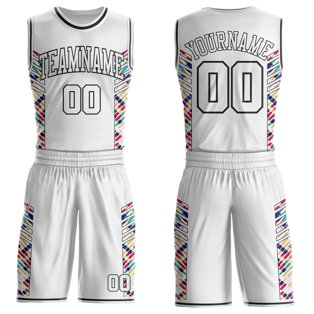 Custom White Pink Yellow-Black Tribal Stripe Round Neck Sublimation Basketball Uniform Jersey