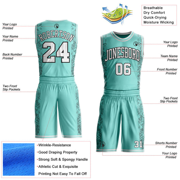 Custom Ice Blue White-Black Geometric Hexagon Line Net Round Neck Sublimation Basketball Uniform Jersey alternate