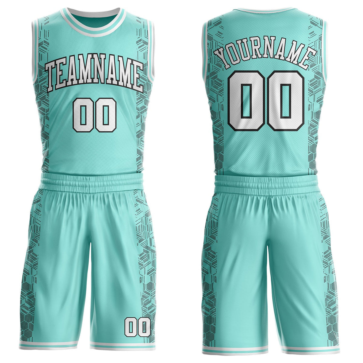 Custom Ice Blue White-Black Geometric Hexagon Line Net Round Neck Sublimation Basketball Uniform Jersey