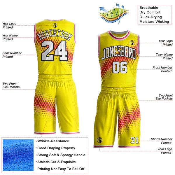 Custom Light Yellow White Neon Pink-Black Geometric Triangle Gradient Round Neck Sublimation Basketball Uniform Jersey alternate